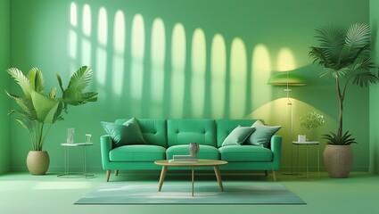 A modern and serene green living room interior with sleek furniture and plants