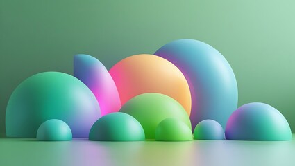 Dreamy pastel spheres arrangement on green background rendering illustration