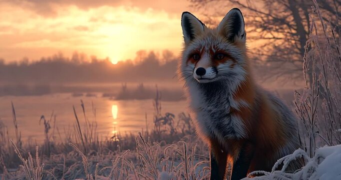 A majestic fox sits by a frosty riverbank at sunrise, observing the serene winter landscape.
