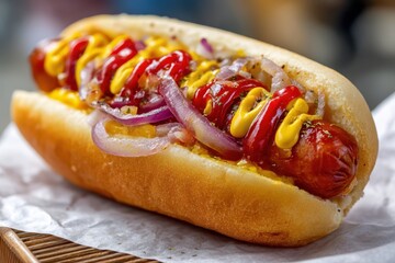 Hotdog mit Senf Ketchup Zwiebeln Hot Dog Streetfood Fastfood Imbiss Klassiker Snack Amerikanisch W&uuml;rstchen Br&ouml;tchen Grillen Party Food Schnellgericht Streetfood Snack Lecker Essen Fingerfood