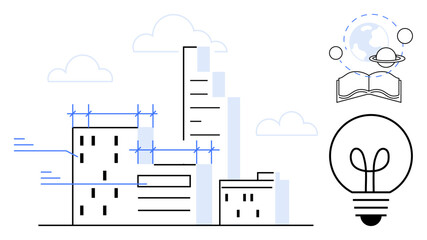 Skyscrapers under construction with scaffolding, open book symbolizing education and global knowledge, and light bulb for innovation. Ideal for creativity, education, architecture, urbanization