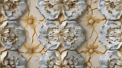 Intricate floral motif with stonework texture and golden accents for elegant design