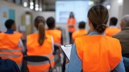 Group of workers wearing orange safety vests attending a training session or safety presentation in an industrial setting.
