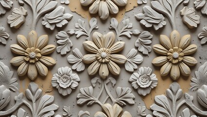 Ornamental floral arrangement with symmetrical gypsum details on weathered wall