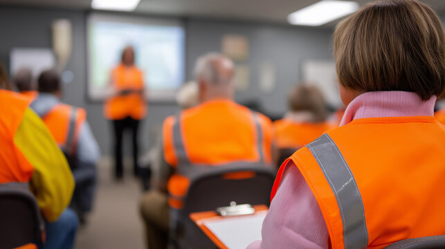 Group of workers wearing orange safety vests attending a training session or safety presentation in an industrial setting.
