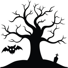 Spooky halloween scene with silhouette of a tree a bat and a tombstone on white background