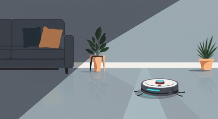 Automated cleaning: Robotic vacuum cleaner navigating a modern living space