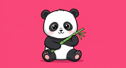 Adorable panda bear cartoon character holding bamboo shoot on pink background