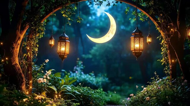 Hutan bernuansa islami dengnan lentera dan bulan sabit