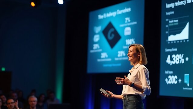 Enthusiastic Female Speaker Delivers Engaging Presentation to a Large Audience