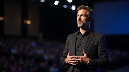 Inspirational speaker presenting on stage with a large audience listening