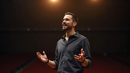 Engaging speaker passionately delivering on stage, captivating audience view