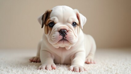 Adorable white english bulldog puppy portrait staring directly into the camera