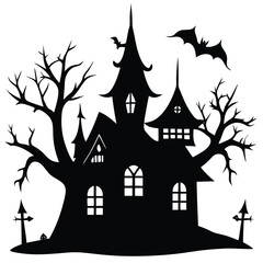 Spooky silhouette of a haunted house with bats bare trees and crosses for halloween