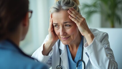 Exhausted female doctor experiencing frustration during a consultation