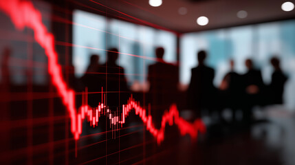 Red declining stock market graph with silhouetted businesspeople in a conference room, symbolizing financial crisis or downturn.
