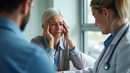 Senior woman experiences worry discussing with a concerned doctor in hospital