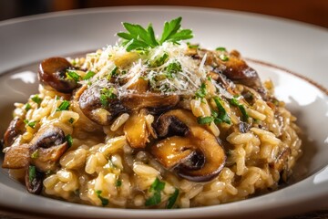 Pilzrisotto cremig Risotto mit Champignons italienisches Reisgericht Parmesan Risotto vegetarisch Trüffel Geschmack Soulfood Comfort Food Risotto Rezept Foodfotografie herbstliche Küche Reispfanne