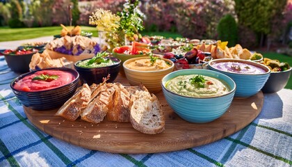 outdoor party buffet table featuring assorted colorful dips spreads artisan bread slices appetizer selection for event catering mediterranean food celebration concept