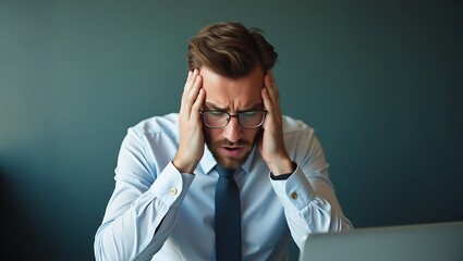 Frustrated Businessman Experiencing Headache in Office Environment Due to Stress
