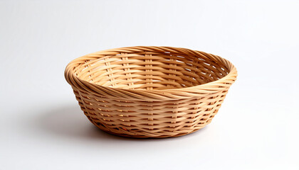 Fototapeta premium Light brown rattan woven basket on white surface. Handmade product.