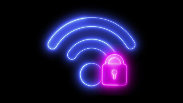 Wifi icon with padlock in neon lights animation	