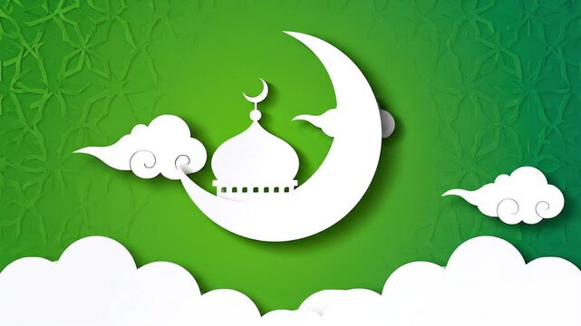 Masjid putih di tengah bulan sabit berada di atas awan putih, latar belakang islami