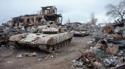 Rusted tanks sit silently in a ravaged area, surrounded by remnants of buildings and debris. The desolate scene reflects the aftermath of a long and brutal conflict