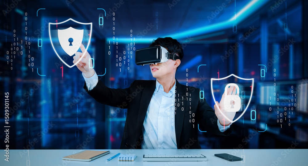 Poster smart business man with goggles working while using security protection. manager with formal suit ch