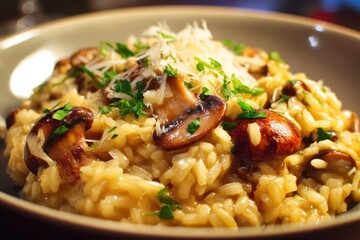 Pilzrisotto cremig Risotto mit Champignons italienisches Reisgericht Parmesan Risotto vegetarisch Trüffel Geschmack Soulfood Comfort Food Risotto Rezept Foodfotografie herbstliche Küche Reispfanne