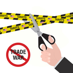 Tariffs and US government import taxation, trade war policy, domestic market protectionism. Politician hand uses scissors and cutting warning tapes. Stop trade war.