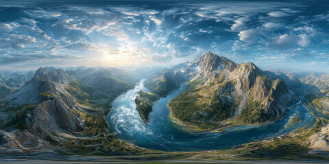 Spherical 360 degrees  panorama view in equirectangular projection:wild winter natural mountain range landscape crossed by a river at sunrise