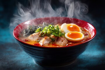 Ramen Suppe mit Ei Chashu japanisches Nudelgericht dampfende Brühe asiatisches Essen Tonkotsu Ramen Miso Ramen Shoyu Ramen Nudelsuppe mit Fleisch Comfort Food Streetfood Foodfotografie Japan Style