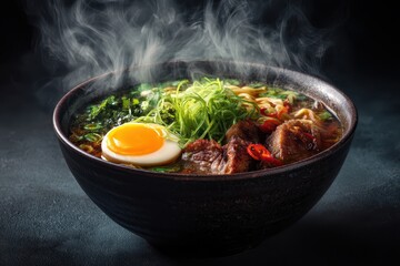 Ramen Suppe mit Ei Chashu japanisches Nudelgericht dampfende Brühe asiatisches Essen Tonkotsu Ramen Miso Ramen Shoyu Ramen Nudelsuppe mit Fleisch Comfort Food Streetfood Foodfotografie Japan Style