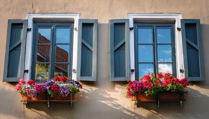 closeup of diamond pane windows with flower boxes