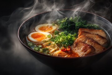 Ramen Suppe mit Ei Chashu japanisches Nudelgericht dampfende Brühe asiatisches Essen Tonkotsu Ramen Miso Ramen Shoyu Ramen Nudelsuppe mit Fleisch Comfort Food Streetfood Foodfotografie Japan Style