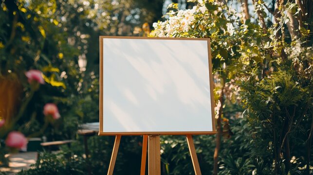 Blank white signboard on wooden easel in garden.
