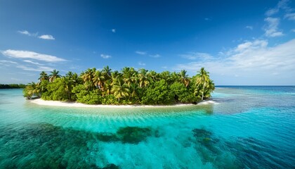 Fototapeta premium a secluded tropical island with lush greenery coconut trees and a tranquil lagoon surrounded by coral reefs showcasing vibrant underwater life tropical island escape