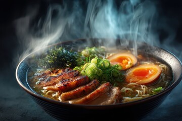 Ramen Suppe mit Ei Chashu japanisches Nudelgericht dampfende Brühe asiatisches Essen Tonkotsu Ramen Miso Ramen Shoyu Ramen Nudelsuppe mit Fleisch Comfort Food Streetfood Foodfotografie Japan Style