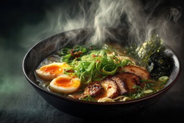 Ramen Suppe mit Ei Chashu japanisches Nudelgericht dampfende Brühe asiatisches Essen Tonkotsu Ramen Miso Ramen Shoyu Ramen Nudelsuppe mit Fleisch Comfort Food Streetfood Foodfotografie Japan Style