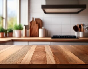 wooden table on blurred kitchen bench background