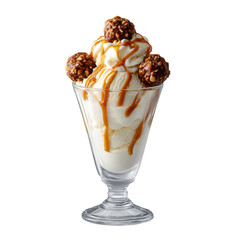 Soft serve with cookie dough bites and caramel drizzle in a glass cup isolated die cut 
