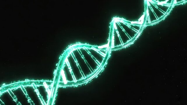 Green bioluminescent particles radiate glowing DNA helix center, forming organic, soft trails expanding outward in slow motion, surreal medical-futuristic hybrid, smooth hypnotic