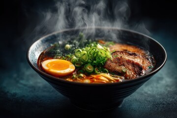 Ramen Suppe mit Ei Chashu japanisches Nudelgericht dampfende Brühe asiatisches Essen Tonkotsu Ramen Miso Ramen Shoyu Ramen Nudelsuppe mit Fleisch Comfort Food Streetfood Foodfotografie Japan Style