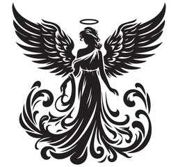 Obraz premium Elegant Black Angel Silhouette Graphic Art with Ornate Wings Halo and Scrollwork Design