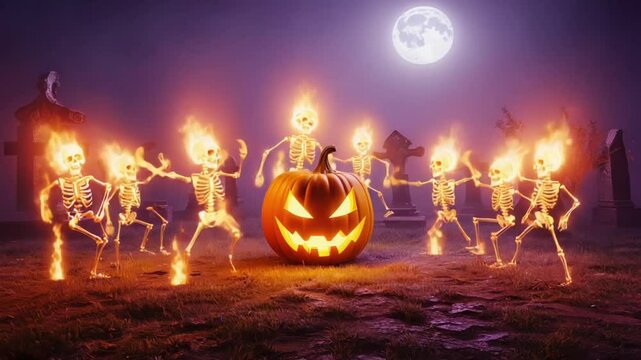 Group of flaming skeletons dancing wildly giant burning jack o lantern graveyard, tribal ritual style, fast drumming, dirt flying, sparks, nightmarish energy, full moon chaotic and primal
