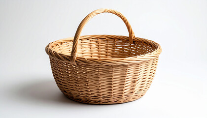 Obraz premium Light brown rattan woven basket on white surface. Handmade product.