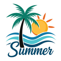 Obraz premium Poolside logo with palm tree in shimmering sun rays vector illustration 