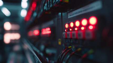Close-up of an industrial control panel with glowing red indicator lights and wiring in a dark technical room.
