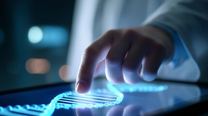 Close-up of a hand interacting with a glowing digital DNA strand on a touchscreen, symbolizing genetics and biotechnology.